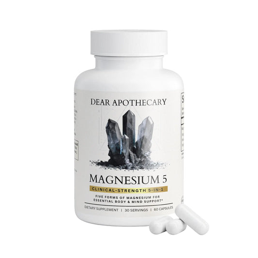 Supplement bottle labeled 'Dear Apothecary Magnesium 5' on a white background