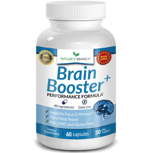 40-in-1 Brain Booster Supplement for Focus, Memory, Clarity, Energy | Advanced Vitamins Plus eBook | for Men & Women, Cognitive Function Nootropic Support with DMAE, Mind Health Formula | 60 Capsules NATURE'S BRANCHAU supplements