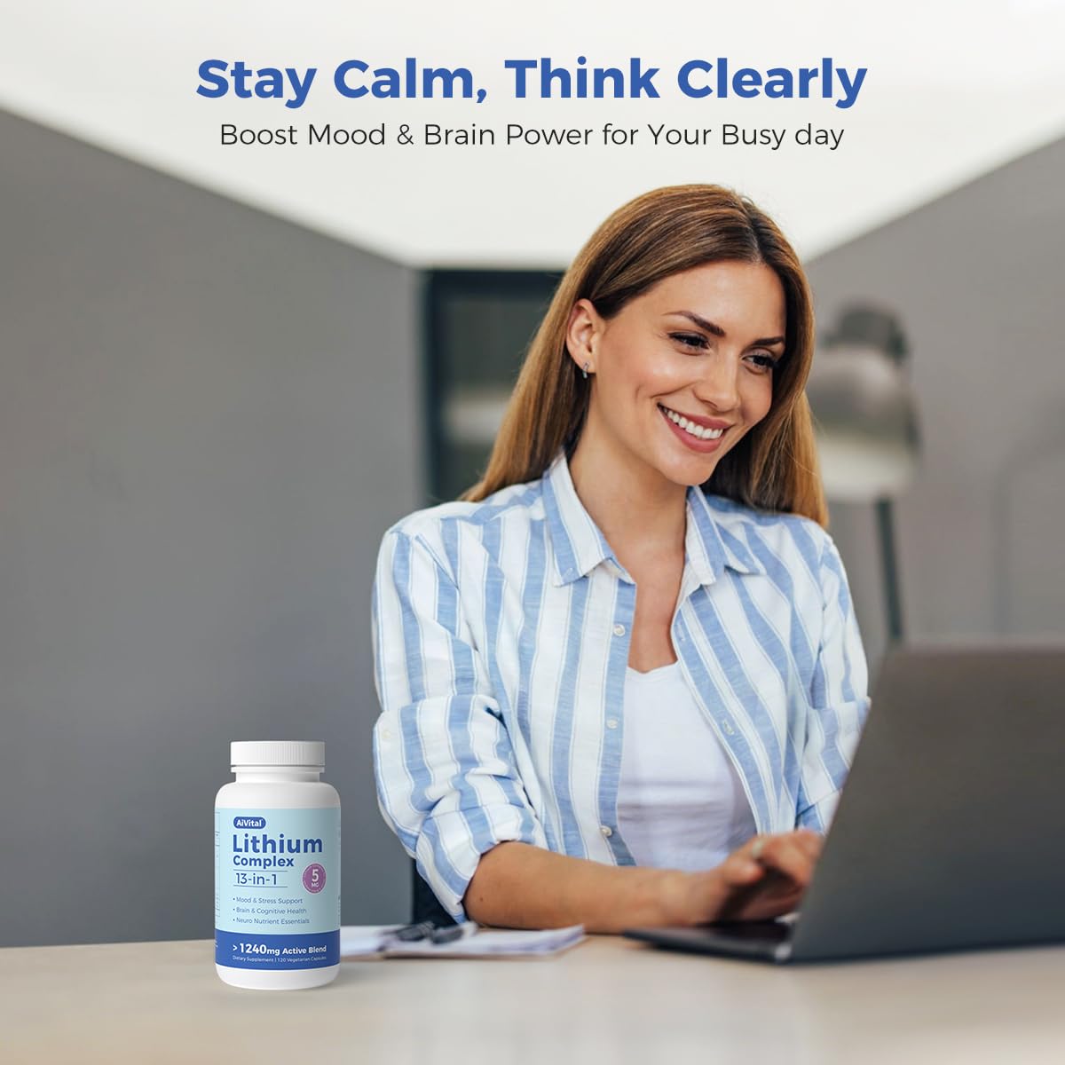 AiVital™ Lithium Orotate 5mg, 13-in-1 Lithium Supplement with Magnesium Glycinate, L-theanine & DHA for Daily Balance, Focus & Clarity, Low-Dose Formula, Non-GMO, Gluten Free, Vegan, 120 Capsules AiVital Au supplements