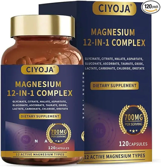 12-in-1 Magnesium Complex for Women Men: Magnesium Glycinate 700mg with Citrate, Malate Taurate Chelated Forms - High Absorption Magnesium Supplement for Relaxation Muscle Heart - 120 Vegan Capsules CIYOJAAu supplements