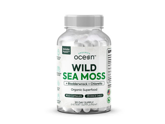 Organics Ocean Wild Sea Moss Capsules - 100% Organic Irish Sea Moss with Organic Chlorella, Bladderwrack and Vitamin D for Energy, Lung Health and Thyroid Support for Women and Men - 60 Capsules Organics OceanAu supplements