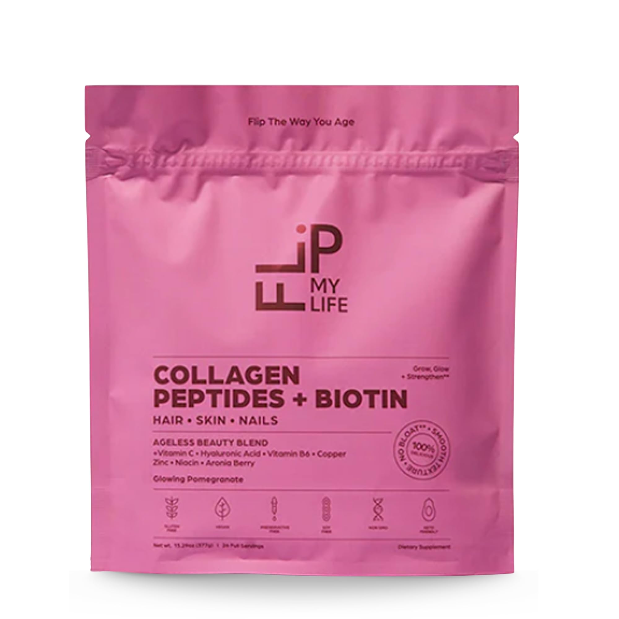 Flip My Life Collagen Peptides + Biotin, Hyaluronic Acid & Vitamin C - For Hair, Skin, Nails - Gut Health/Joint Support - Ageless Beauty Blend Supplement Powder for Men/Women - 9g Protein—26 Servings Flip My Life Au supplements