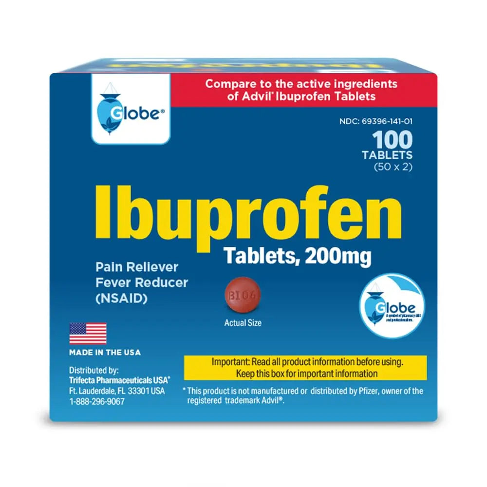 Globe Ibuprofen Tablets, 200 mg, Pain Reliever and Fever Reducer, for Headache, Muscular Aches, Arthritis, Backache and More 50 Packets of 2 Tablets Each,100 Tablets Trifecta Pharmaceuticals USA Au supplements