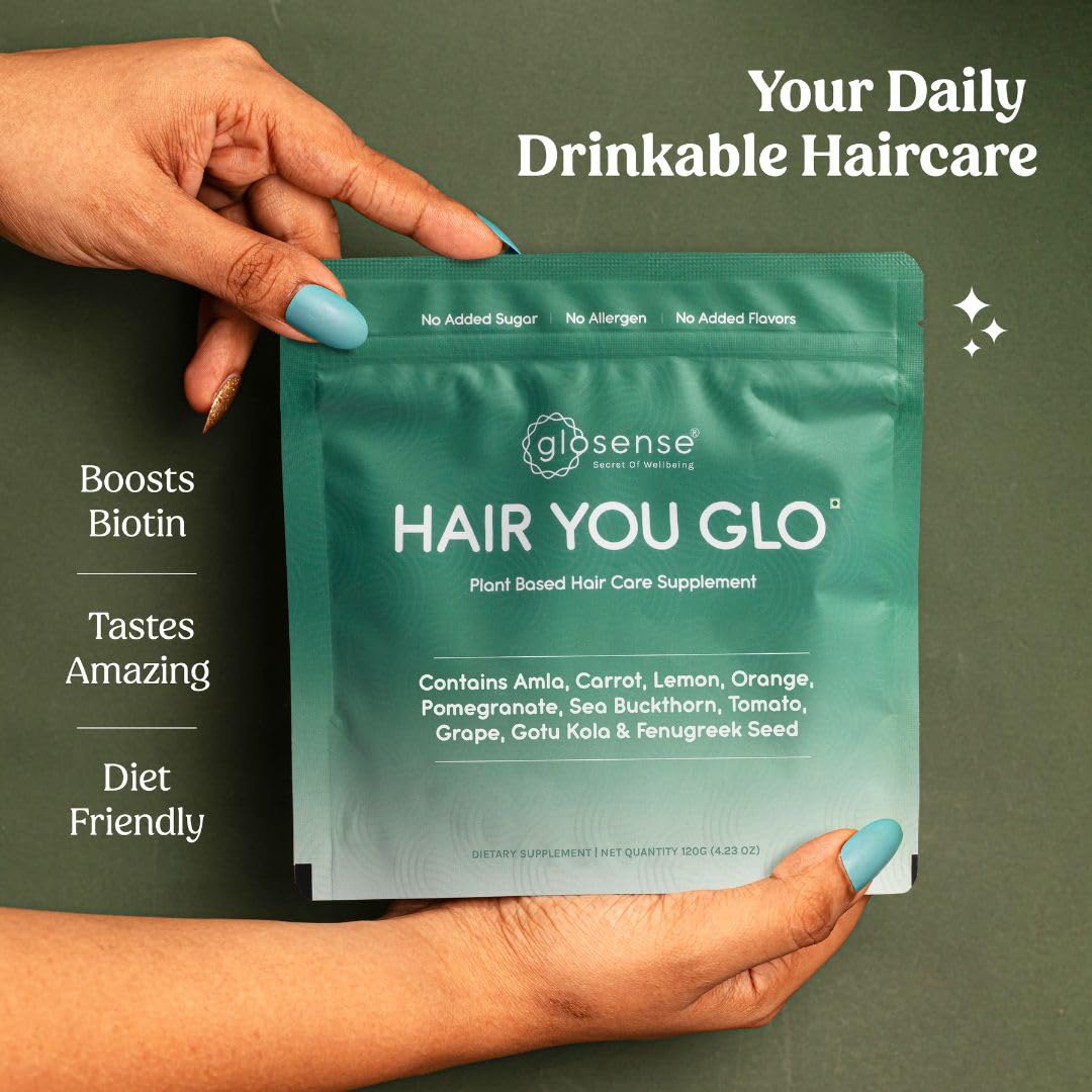 Glosense Hair You Glo – Plant-Based Biotin Supplement | Hair Growth Drink | Natural Hair Vitamins Powder with Amla, Sea Buckthorn, Gotu Kola | No Added Sugar, No Added Flavours | 30 Servings Glosense Au supplements