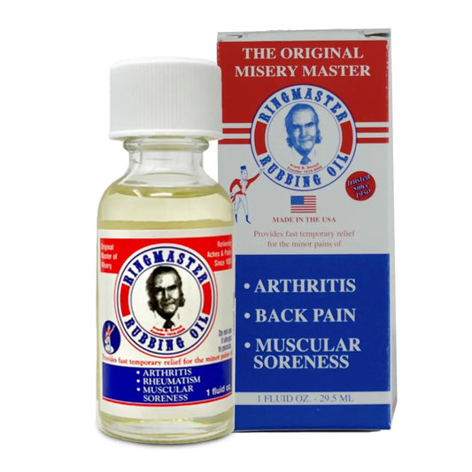 Ringmaster Rubbing Oil Pain Relief Since 1950 Made in USA for Arthritis, Rheumatism, Muscular Joint Soreness (1 oz) Ringmaster Rubbing OilAU supplements
