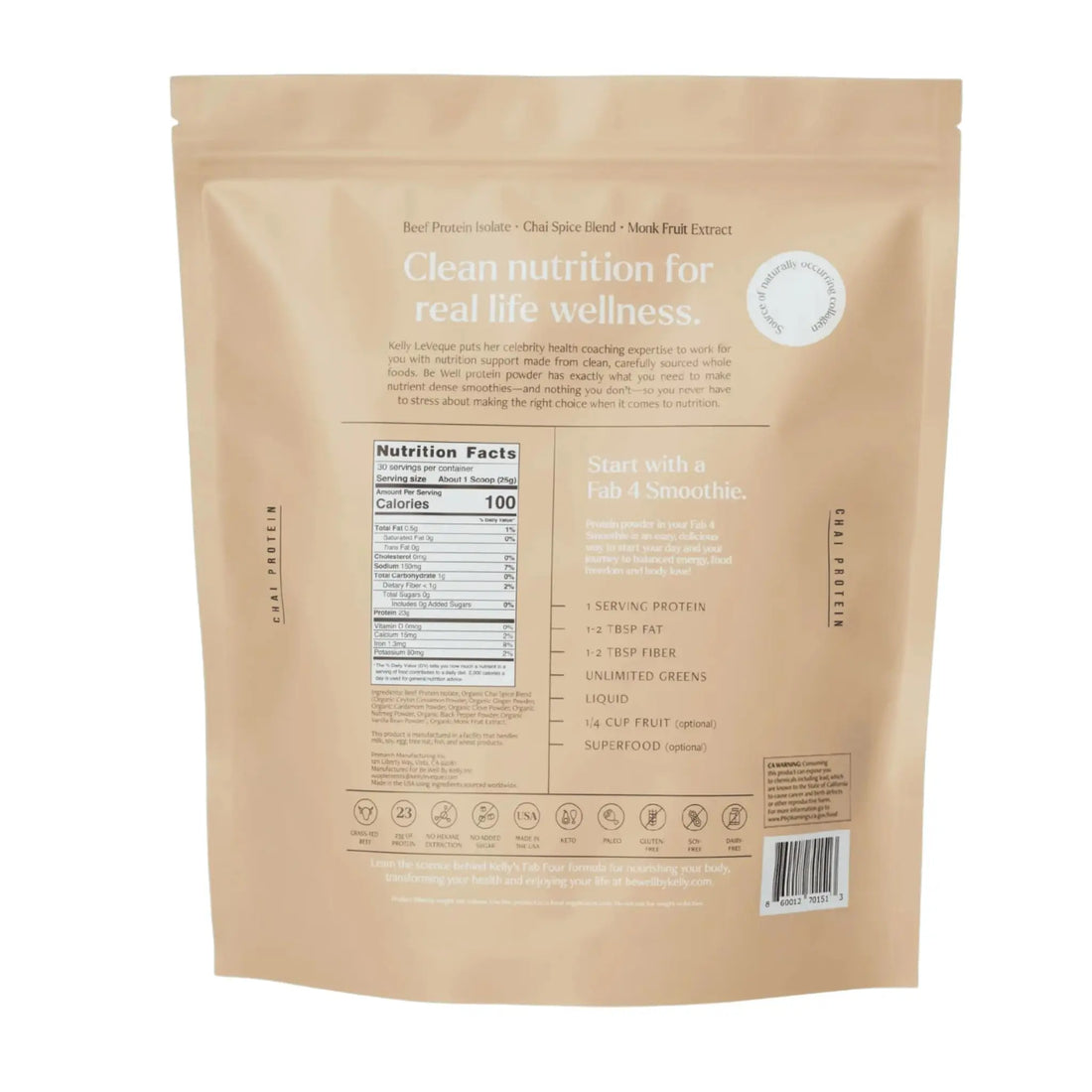 Be Well by Kelly Chai Grass-Fed Beef Protein Powder, 23G of Protein & 1G of Carbs (3 Ingredients, 30 Servings) 9 Amino Acids + 3 BCAAs No Soy, No Dairy, Stevia-Free, No Sugar Added 1.65lb 750g Be Well by Kelly LeVeque uk supplements