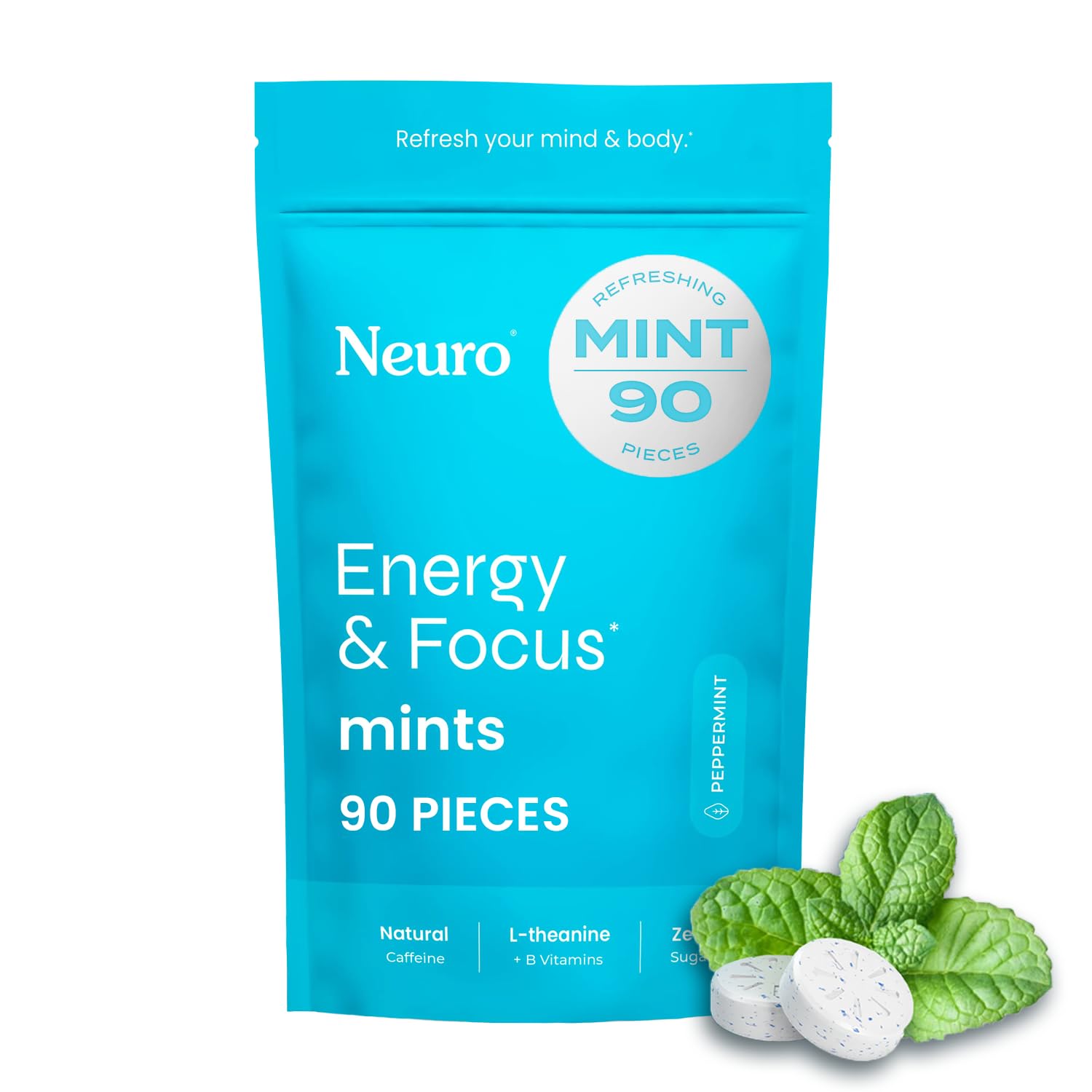 Neuro Energy & Focus Mints - Sugar Free Breath Mints with 40mg Natural Caffeine, B Vitamins & L-Theanine - Vegan Brain Supplement for Exercise, Study & Daily Focus - Peppermint, 90 ct Neuro Au supplements