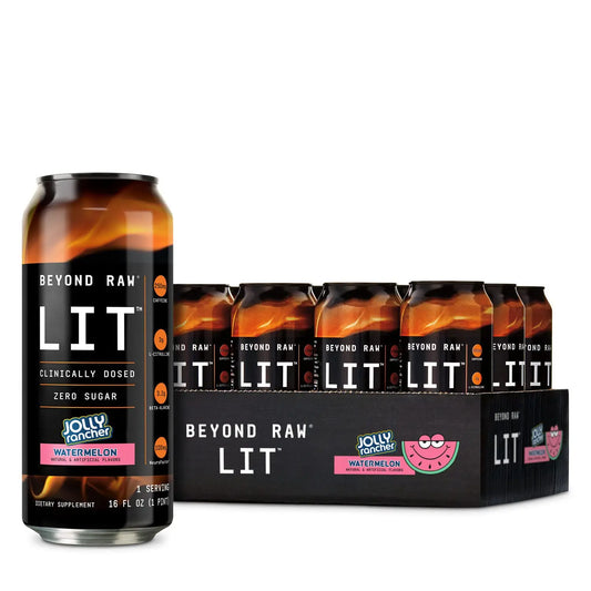 BEYOND RAW LIT On The Go | Ready to Drink Cans | Contains Caffeine, L-Citrulline, Beta-Alanine, and Nitric Oxide | Jolly Rancher Watermelon | 12 Count BEYOND RAWAU supplements