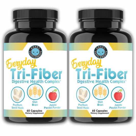 Angry Supplements Tri-Fiber Digestive Health Complex – Psyllium Husk, Oat Bran & Apple Pectin – Prebiotic Fiber for Gut Health & Regularity – 60 Capsules (2-Bottles) Angry SupplementsUS supplements