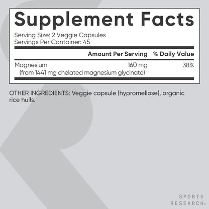 Sports Research® Magnesium Glycinate - Supports Restful Sleep & Enzymatic Processes - 160 mg Chelated Magnesium - Vegan Capsule - 90 Count Sports ResearchAU supplements