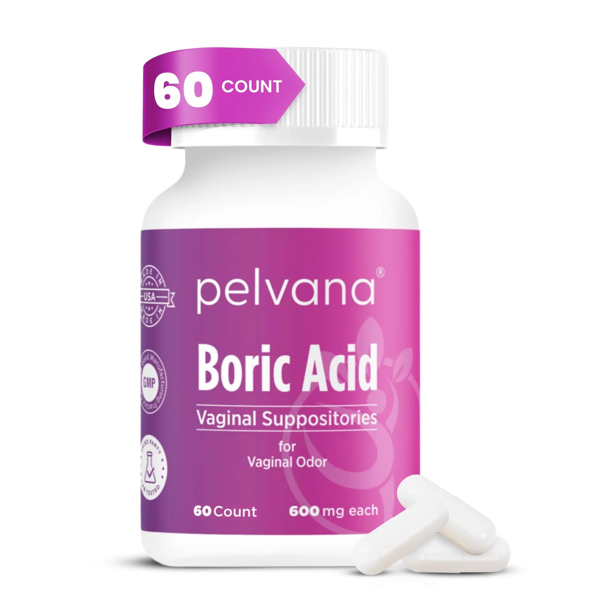 Pelvana Boric Acid Suppositories for Women - 60 Count - 600mg Boric Acid Capsules for Vaginal Odor Use Pelvana Au supplements