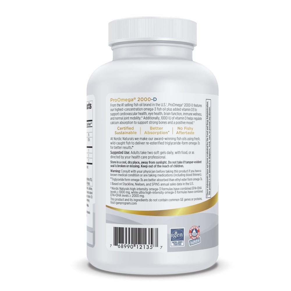 Nordic Naturals ProOmega 2000-D, Lemon Flavor - 120 Soft Gels - 2150 mg Omega-3 + 1000 IU D3 - Ultra High-Potency Fish Oil - EPA & DHA - Brain, Heart, & Immune Health - Non-GMO - 60 Servings Nordic NaturalsAu supplements