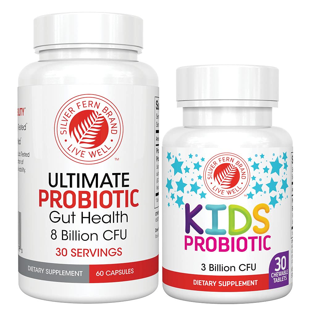 Silver Fern Brand Family Probiotics - Ultimate Adult Probiotic (1 Bottle = 60 Capsules) Plus Ultimate Children's Probiotic for Kids (1 Bottle = 30 Chewables) - Gut Health & Microbiome Support Silver Fern Au supplements