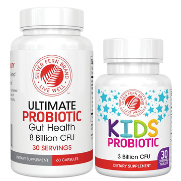 Silver Fern Brand Family Probiotics - Ultimate Adult Probiotic (1 Bottle = 60 Capsules) Plus Ultimate Children's Probiotic for Kids (1 Bottle = 30 Chewables) - Gut Health & Microbiome Support Silver Fern Au supplements