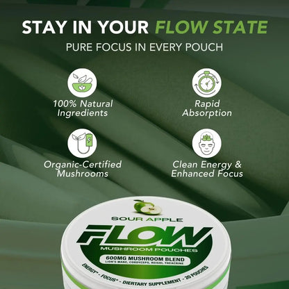 Flow Pouches Mushroom Nootropic Pouches - 600mg Organic Mushroom Energy Ultra Pouches with Lion's Mane, Reishi, Cordyceps for Focus & Clean Energy - Zero Caffeine or Sugar (5 Can Pack, Sour Apple) Flow Pouches buy supplements Au