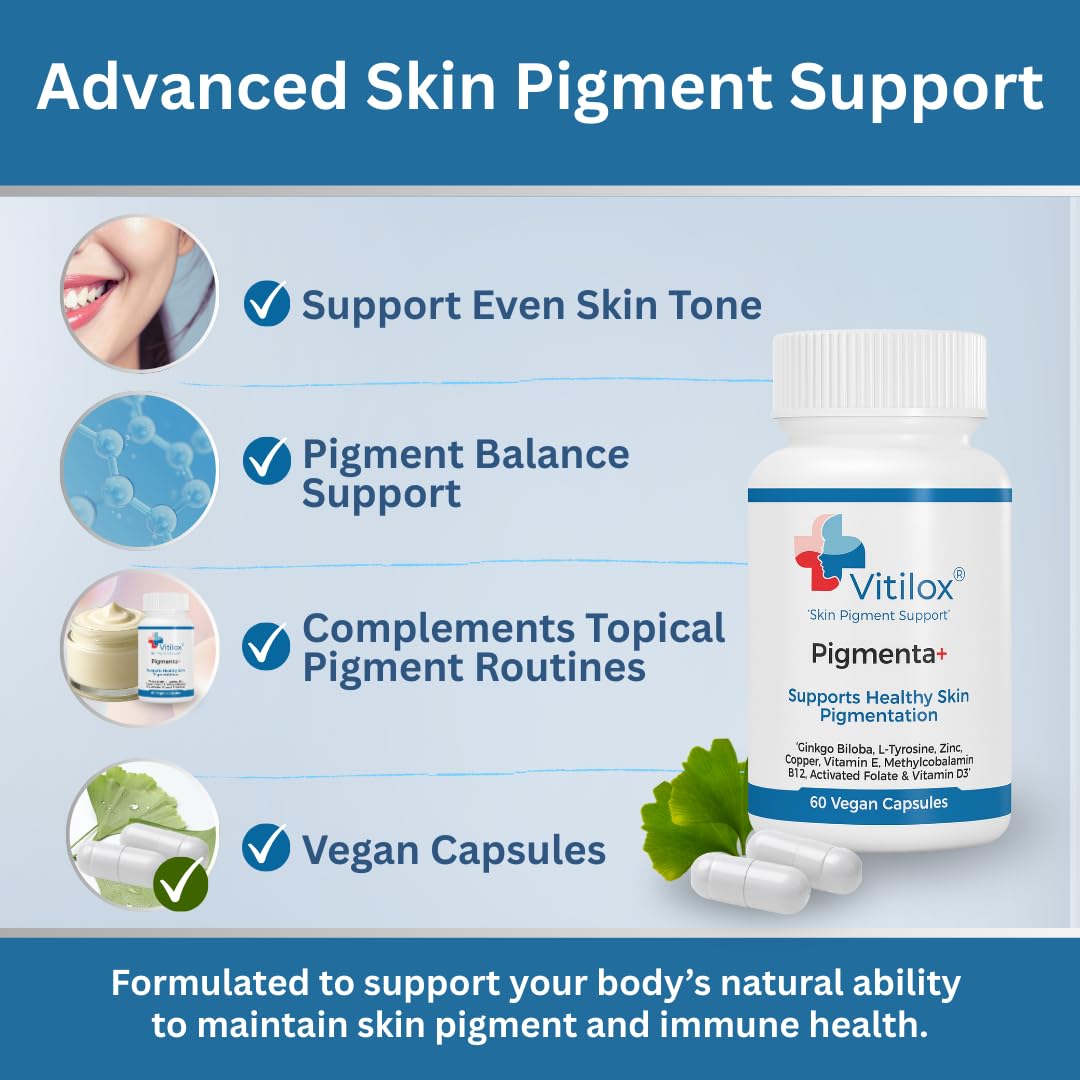 Vitilox Pigmenta+ Advanced, Skin Tone Support Supplement – 60 Tablets | 2 Months | Natural Vitiligo Skin Pigmentation Support | Reduce White Body Spots Vitilox Au supplements