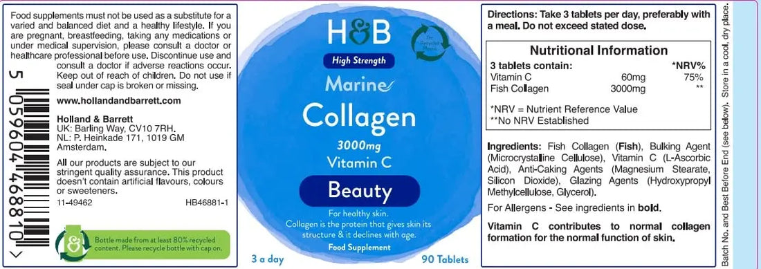 Holland and Barrett Marine Collagen with Vitamin C 3000mg 90 Tablets Holland & Barrett uk supplements