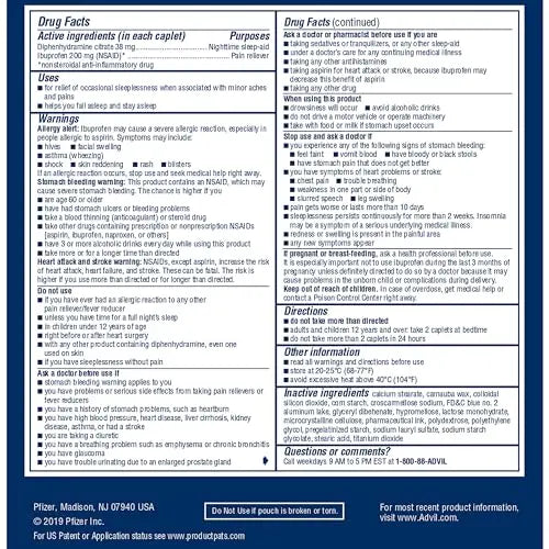 Advil PM Pain Reliever and Nighttime Sleep Aid, Pain Medicine with Ibuprofen for Pain Relief and Diphenhydramine Citrate for a Sleep Aid - 50x2 Coated Caplets Advil Au supplements
