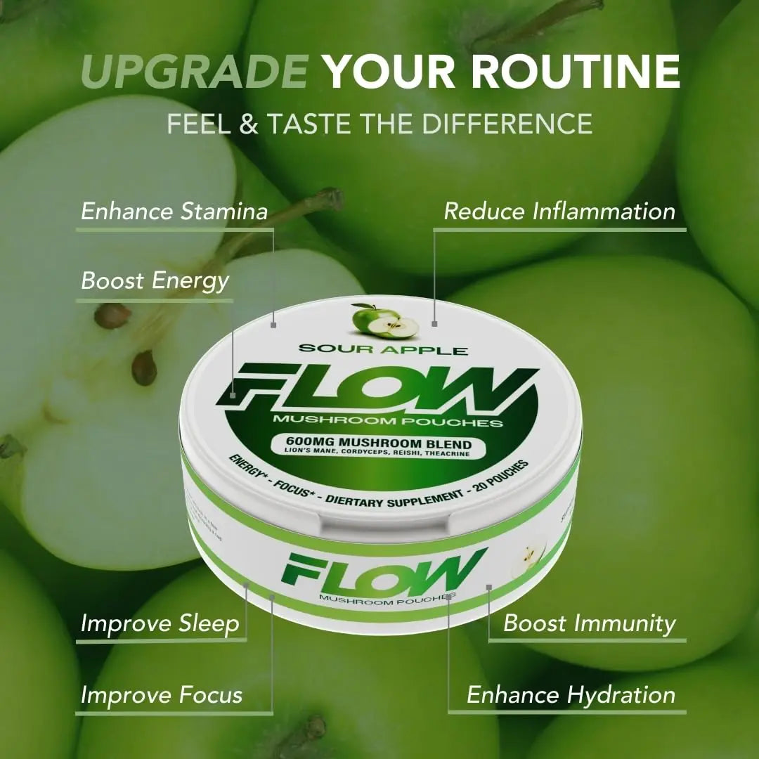 Flow Pouches Mushroom Nootropic Pouches - 600mg Organic Mushroom Energy Ultra Pouches with Lion's Mane, Reishi, Cordyceps for Focus & Clean Energy - Zero Caffeine or Sugar (5 Can Pack, Sour Apple) Flow Pouches buy supplements Au