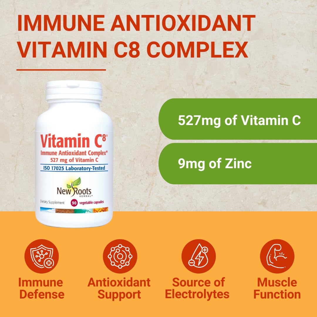 Vitamin C8 + Zinc Supplement for Higest Absorption (90 Capsules) | 527mg per Portion | 8 Buffered Sources of Vitamin C with Bioflavonoids, Green Tea & Quercetin for Stronger Defense | 3 months Supply NEW ROOTS HERBAL Au supplements