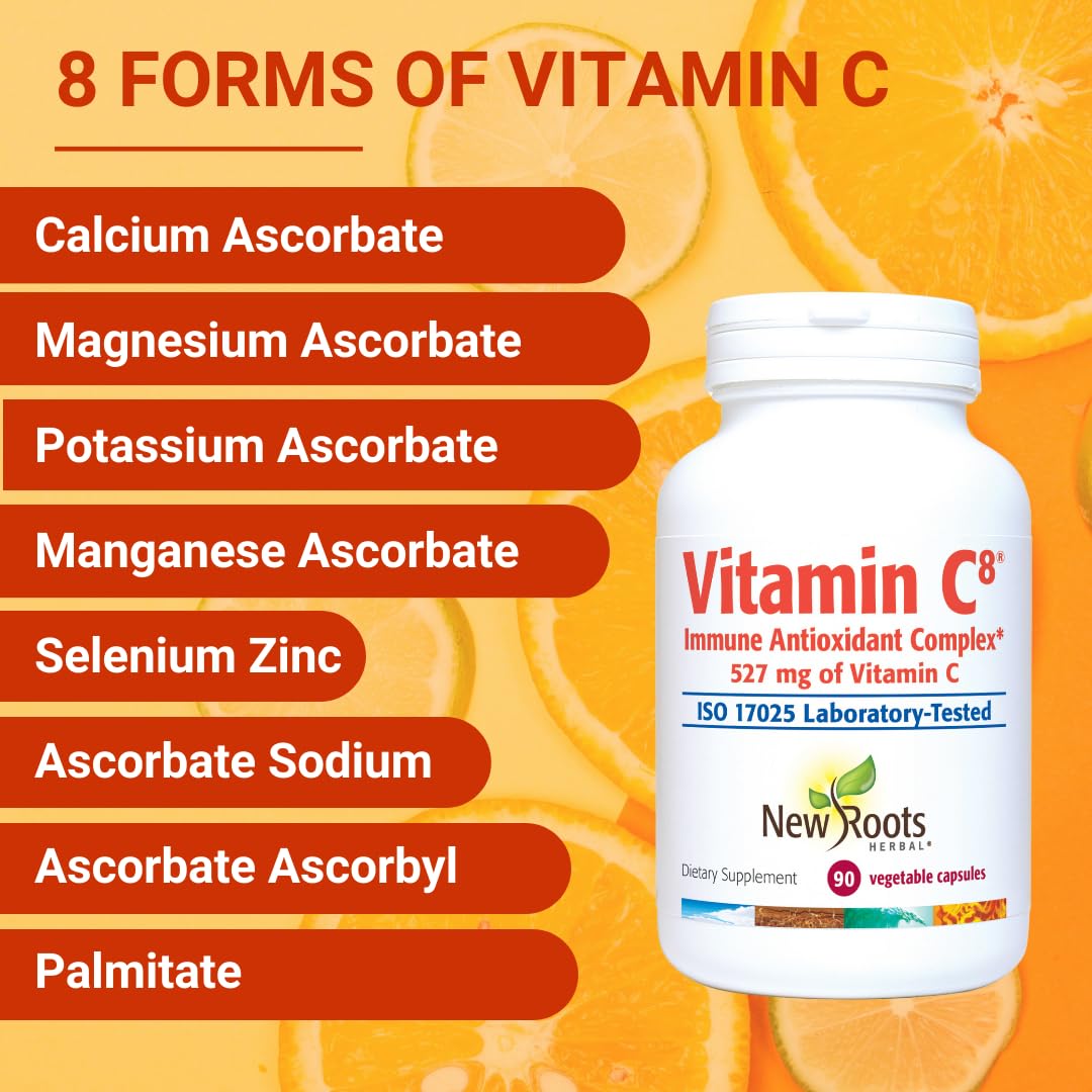 Vitamin C8 + Zinc Supplement for Higest Absorption (90 Capsules) | 527mg per Portion | 8 Buffered Sources of Vitamin C with Bioflavonoids, Green Tea & Quercetin for Stronger Defense | 3 months Supply NEW ROOTS HERBAL Au supplements