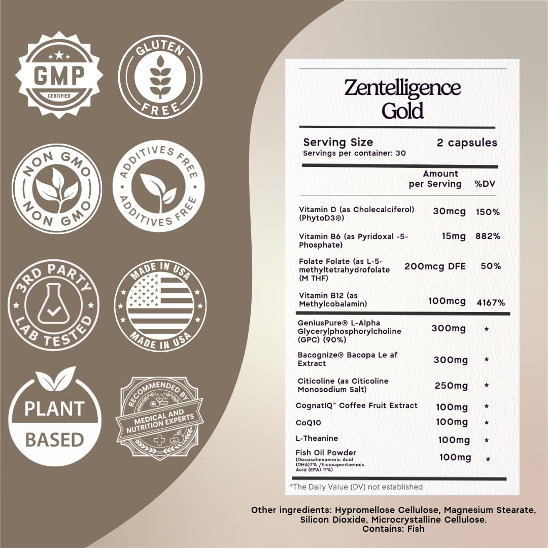 Zen Principle Zentelligence™ Gold Brain Supplement – Memory, Focus & Mental Clarity. Premium Cognitive Support for Adults 40+ with Magnesium, Vitamin D3, CoQ10, Vitamin B12 & L-Theanine. 60 Capsules Zen Principle Au supplements