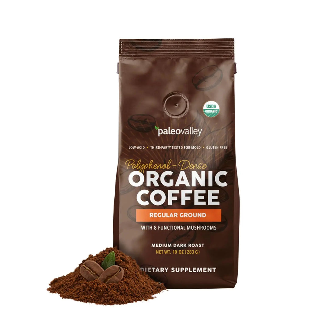 Paleovalley Organic Ground Coffee, 10oz - Regular, Low Acid, Single-Origin, Polyphenol-Rich, Infused with Mushrooms Paleovalley Au supplements