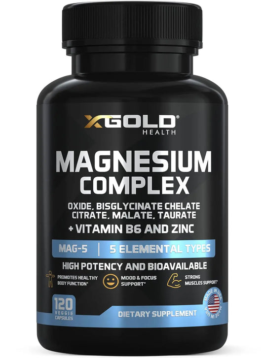 X Gold Health Magnesium Complex 5-in-1 with Zinc & B6 High Absorption Capsules (Glycinate, Citrate, Malate, Taurate, Oxide) Muscle Recovery, Energy, Sleep Support & Immune Health 500mg Made in USA X Gold HealthAu supplements