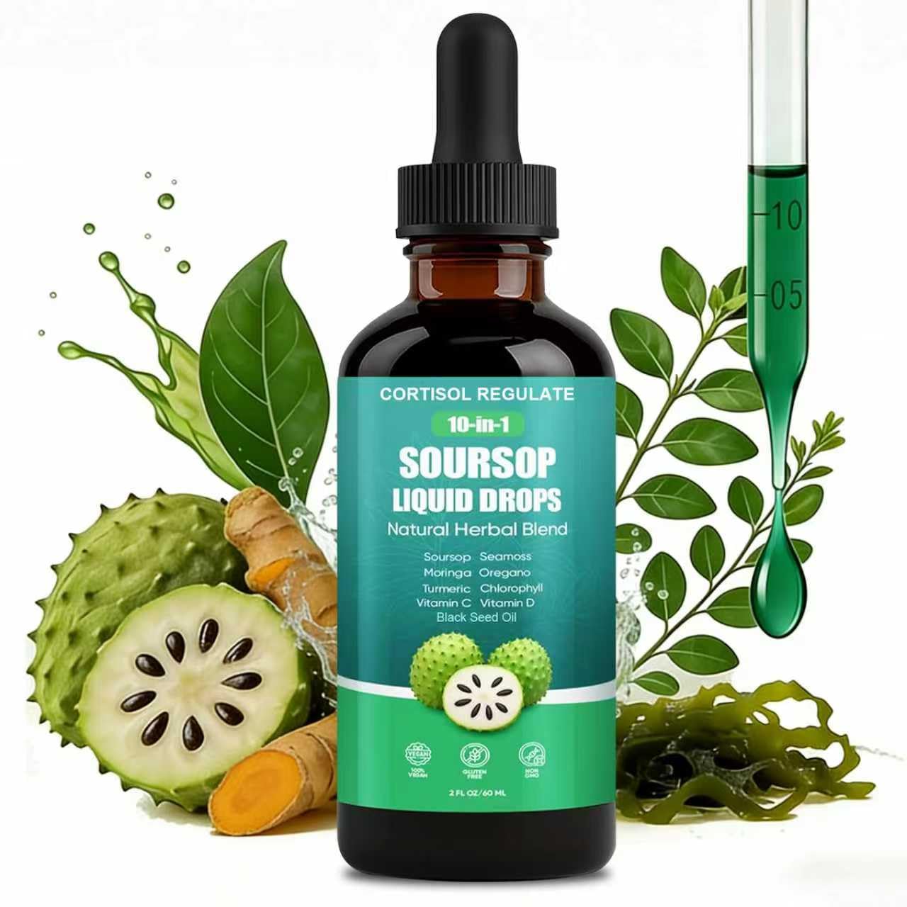 CORTISOL REGULATE Soursop Liquid Drops, 10-in-1 Blend with Sea Moss, Moringa, Turmeric, Black Seed Oil, Oregano, and More, 2 fl oz (1 Pack) CORTISOL REGULATE Au supplements