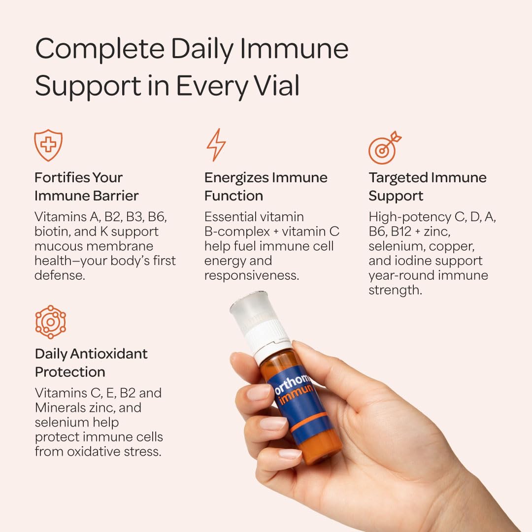 Orthomol Immun, Immune Support Vials for Adults with Vitamin C, Zinc, Selenium, Iodine, Vitamin D, E, A ,B, Calcium, 25+ Immune Boost Nutrients, 1 Serving Per Day for Daily Health (30 Day Supply) Orthomol Au supplements
