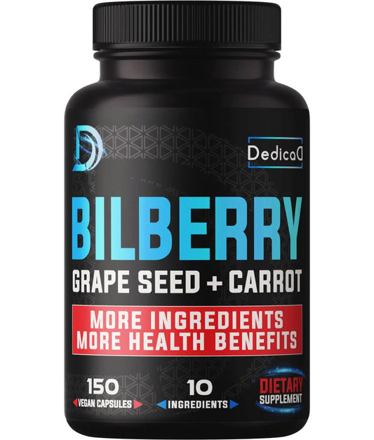Black supplement bottle labeled 'Bilberry Grape Seed + Carrot' with Dedico branding on a white background.