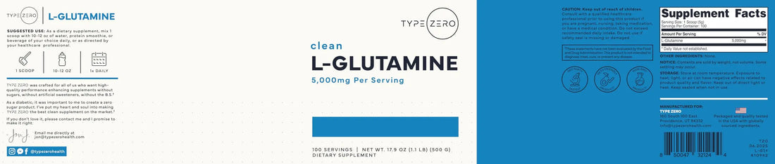 Type Zero L-Glutamine Powder (500G) 3-Month Supply Pure L-Glutamine Supplement - Vegan, Gluten Free, No Fillers Type Zero Au supplements