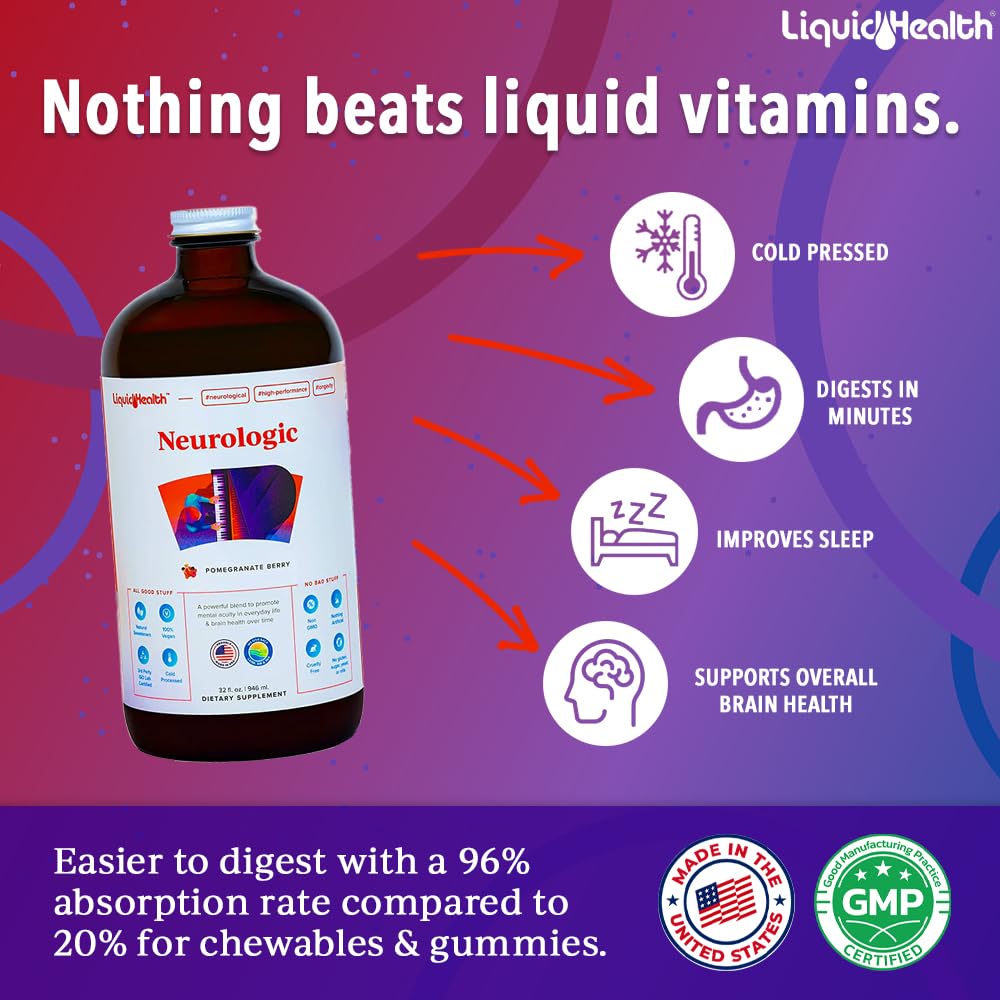 LIQUIDHEALTH Neurologic Focus Supplement - Brain Booster Nootropic Supplement for Cognitive Function, Memory & Focus with Ginkgo Biloba, Choline, L-Theanine & Phosphatidylserine - USA Made (32 oz) LIQUIDHEALTH Au supplements