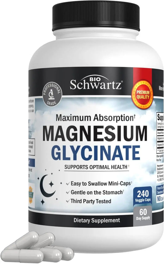 BioSchwartz Magnesium Glycinate 500mg Capsules (240 Mini Caps) Maximum Absorption Magnesium Supplement for Healthy Nerves Muscles Heart Mood and Sleep Support (Vegan, Gluten-Free, Non-GMO) BioSchwartzAU supplements