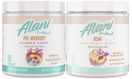 Alani Nu Rainbow Candy Pre Workout and BCAA Sour Peach Rings Post Workout Powder Alani NuAU supplements
