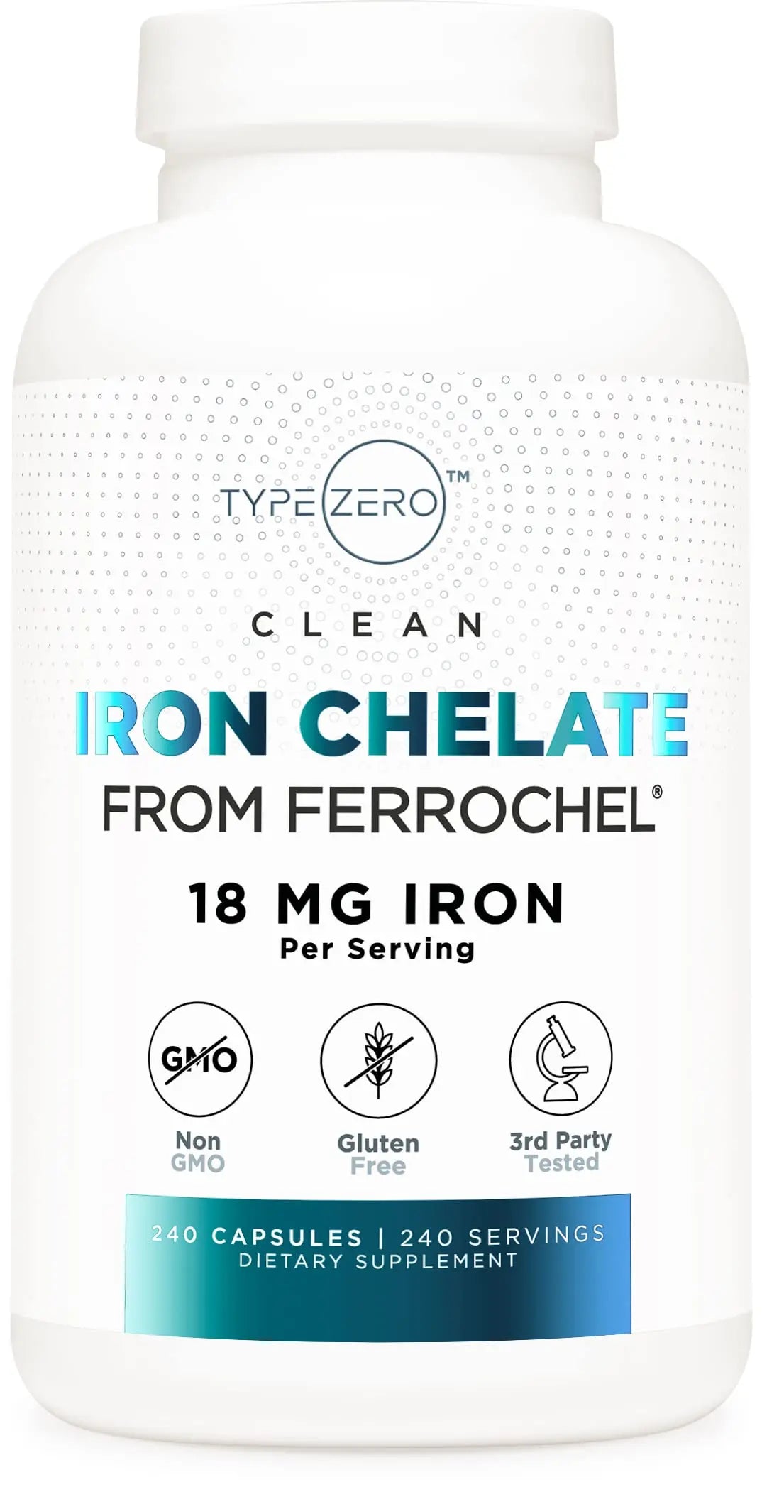 Type Zero Iron Chelate Capsules (18 MG, 240 CAPS) from Ferrochel Ferrous Bisglycinate Chelate - Non-GMO and Gluten Free Type Zero Au supplements