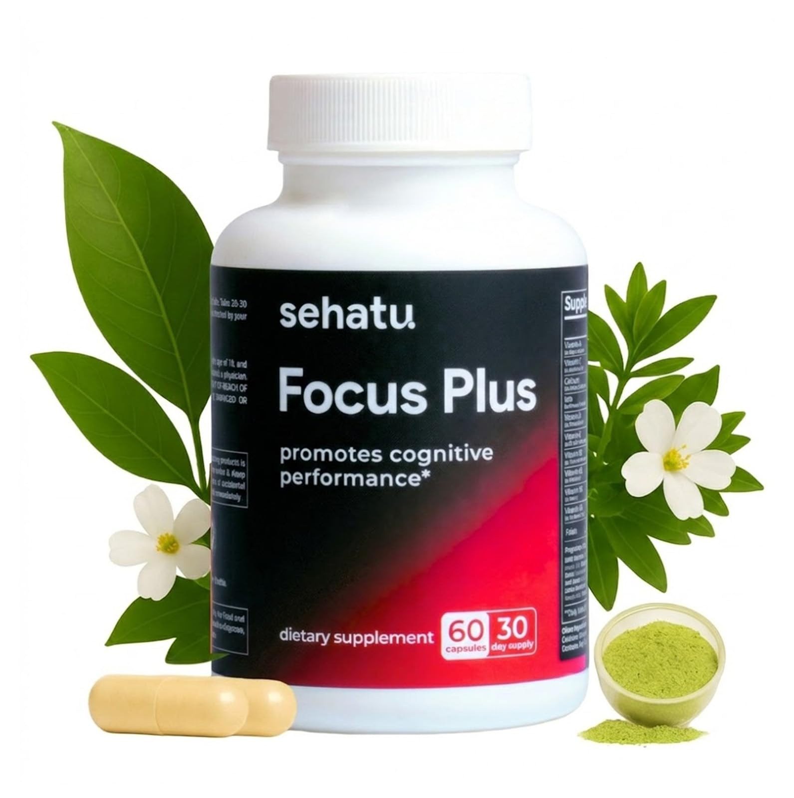 SEHATU Focus Plus Cognitive Performance Enhancer | with N-Acetyl L-Tyrosine, DMAE Bitartrate, GABA, Glutamic Acid | Boosts Focus, Enhances Memory, Supports Brain Health | 60 Count | 30 Day Supply SEHATU Au supplements