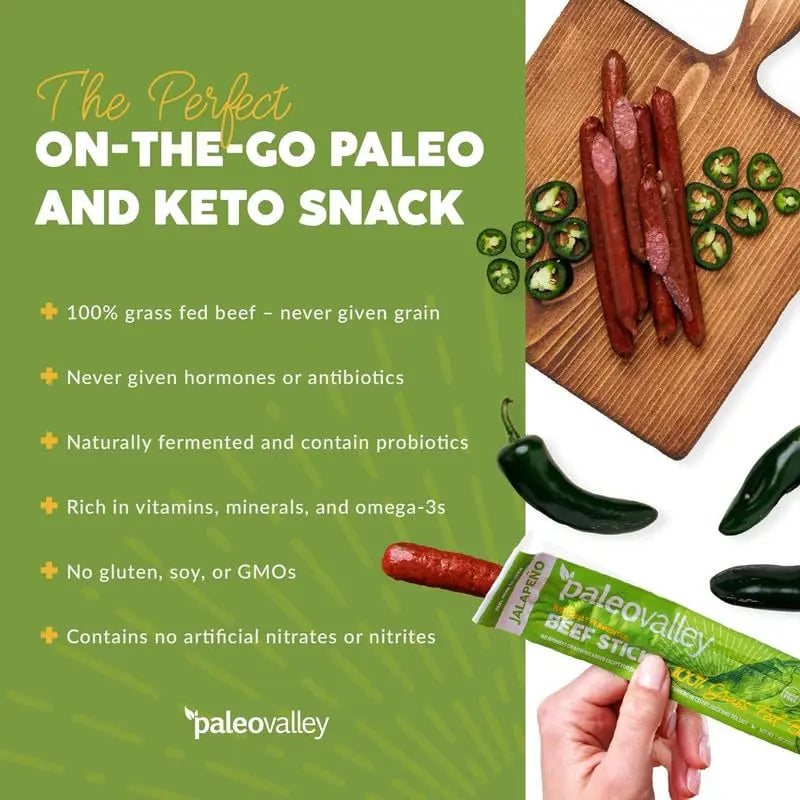 Paleovalley 100% Grass Fed Jalapeno Beef Sticks - Delicious Gluten Free Beef Snack - High Protein Keto Friendly Paleovalley Au supplements