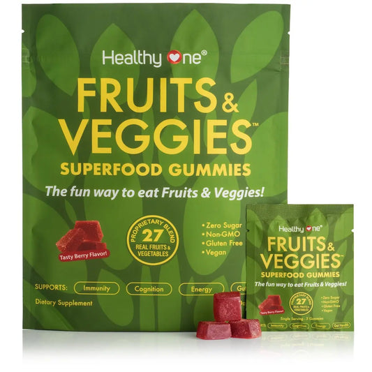 Fruits & Veggies Sugar-Free Gummies - 27 Whole Foods - Equals 3 Servings of Fruits & Vegetables - Improve Energy, Focus & Immune Function - Fiber - Antioxidants - Organic Ingredients - 14 Packets Healthy OneAu supplements