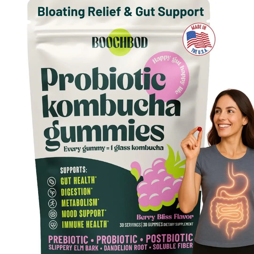 BoochBod - Probiotic Kombucha Gummy - Prebiotics, Probiotics, Postbiotics, Fiber Supplement, Slippery Elm, Dandelion Root BoochBod uk supplements