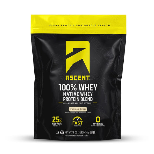 Ascent 100% Whey Protein Powder - Post Workout Whey Protein Isolate, Zero Artificial Flavors & Sweeteners, Gluten Free, 5.5g BCAA, AscentUS supplements