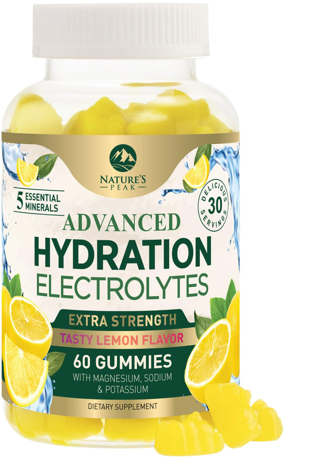 Hydration Electrolyte Gummies - Daily Liquid Replenisher Gummy - Electrolyte Multiplier with Minerals, Potassium & Real Salt - Vegan, Non-GMO - Tasty Lemon Flavor Hydration Electrolytes - 60 Gummies Nature's Peak uk supplements
