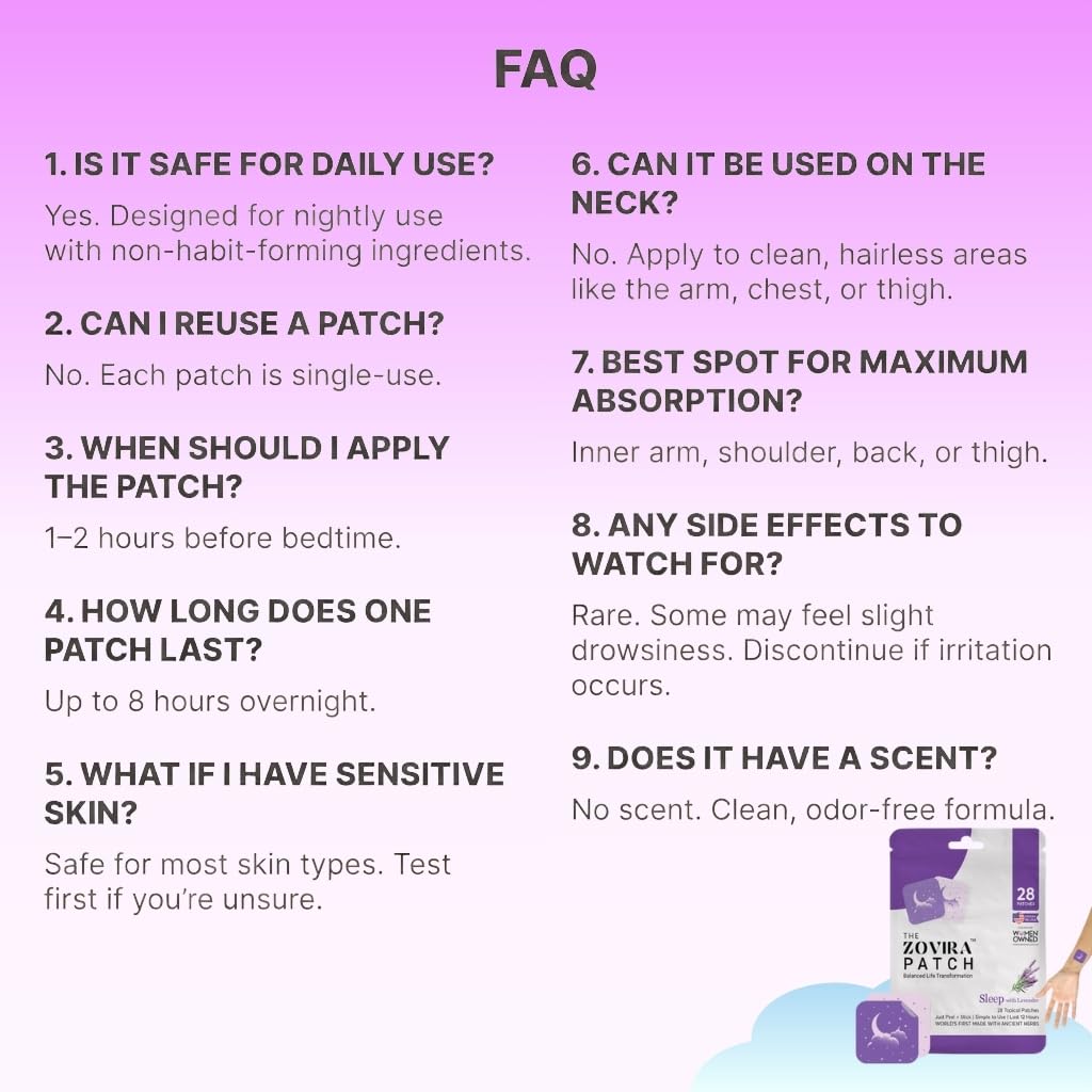 Zovira Sleep Patches for Adults, Melatonin Free with Lavender & Magnesium | Time-Release Transdermal, Aromatherapy Sleep Aid | Non-Habit Forming, Hypoallergenic, All-Night Restorative Sleep | 28 Count ZOVIRA Au supplements