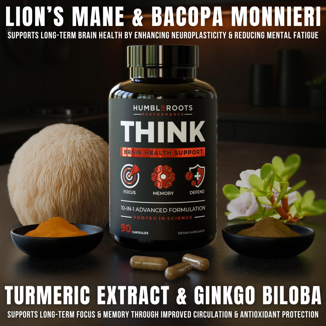 All-Natural Brain Supplement for Memory and Focus - Caffeine-Free Long-Term Cognitive Support - 10 Nootropic Ingredients Including Lion’s Mane, Bacopa, Turmeric, Ginkgo & Huperzine A - 90 Capsules HUMBLEROOTS PERFORMANCE Au supplements