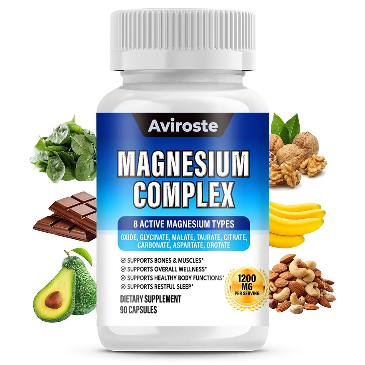 8 in 1 Magnesium Complex Supplement - 8 Elemental 1000mg - Magnesium Glycinate, Citrate, Malate, Taurate - High Absorption,for Muscle, Nerve & Sleep Support - 90 Capsules Aviroste Au supplements