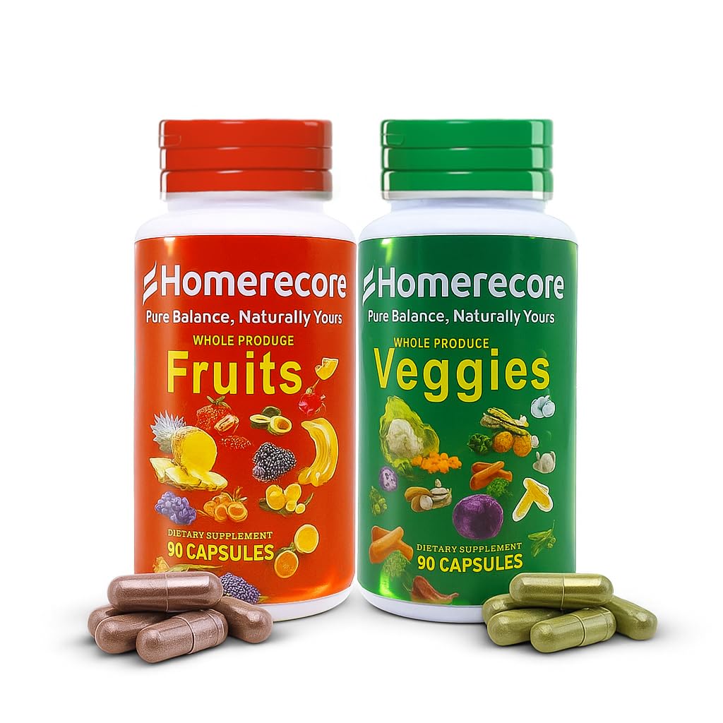 HOMERECORE Whole Food Fruits & Veggies Supplement Plant-Based, Vegan, Gluten-Free, Soy-Free No Fillers Natural Superfoods Boost Energy & Immune System for Men & Women 90 Fruit & 90 Veggie Capsules HOMERECORE uk supplements