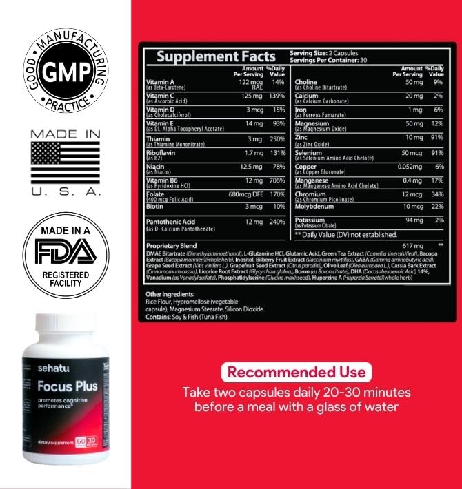 SEHATU Focus Plus Cognitive Performance Enhancer | with N-Acetyl L-Tyrosine, DMAE Bitartrate, GABA, Glutamic Acid | Boosts Focus, Enhances Memory, Supports Brain Health | 60 Count | 30 Day Supply SEHATU Au supplements