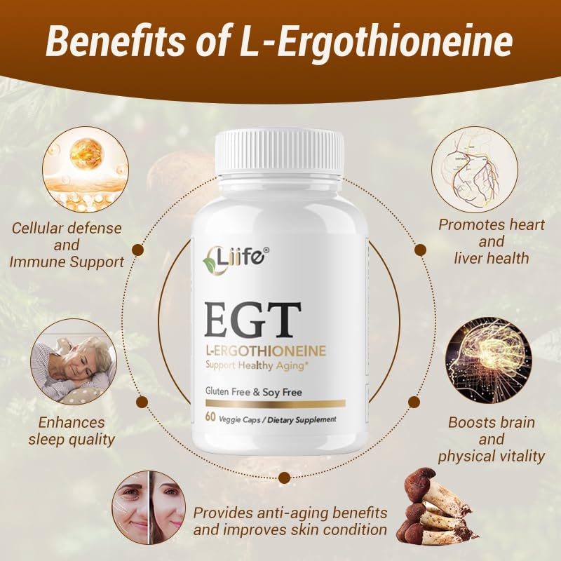 LIIFE L-Ergothioneine Supplement (EGT) 30mg,Compound Antioxidant Supplement (May Support Longevity and Healthy Aging) Promotes Skin Health，60 Capsules，Non-GMO, Gluten Free, Vegan Safe LIIFE Au supplements