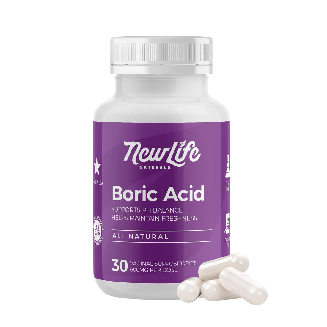 NewLife Naturals - Boric Acid Suppositories for Women pH Balance Pills - 600mg - Feminine Care - Vaginal Odor Itching Discharge BV | Made in USA | 30 Capsules NewLife Naturals Au supplements