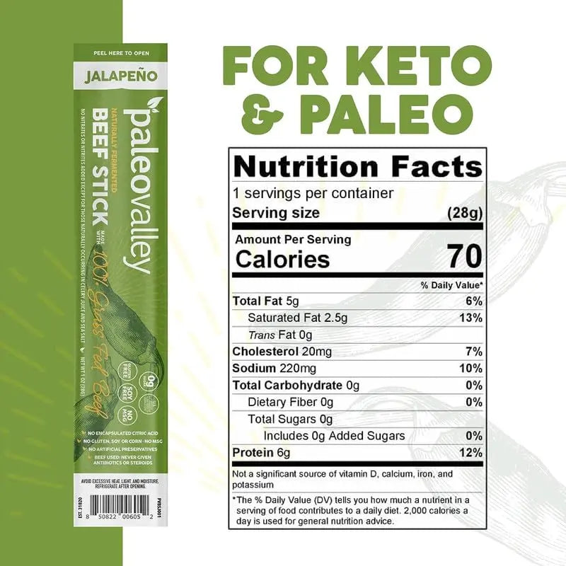 Paleovalley 100% Grass Fed Jalapeno Beef Sticks - Delicious Gluten Free Beef Snack - High Protein Keto Friendly Paleovalley Au supplements